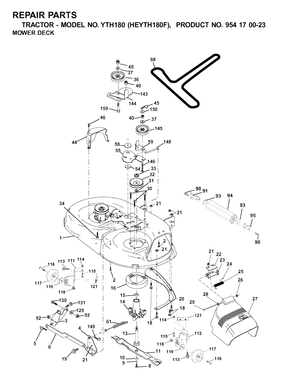 Mower Deck / Cutting Deck Diagram and Parts List for YTH180 (954170023-F)(2001-03) Husqvarna Lawn Tractor