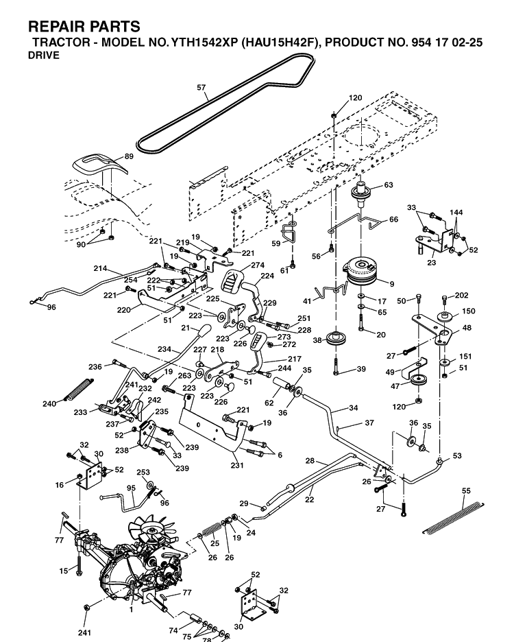 Drive Diagram and Parts List for YTH1542XP (HAU15H42F)(2004-09) Husqvarna Lawn Tractor