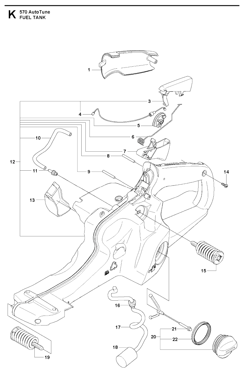 Fuel Tank Diagram and Parts List for 570AUTOTUNE 20104500001 - 20130900000 Husqvarna Chainsaw