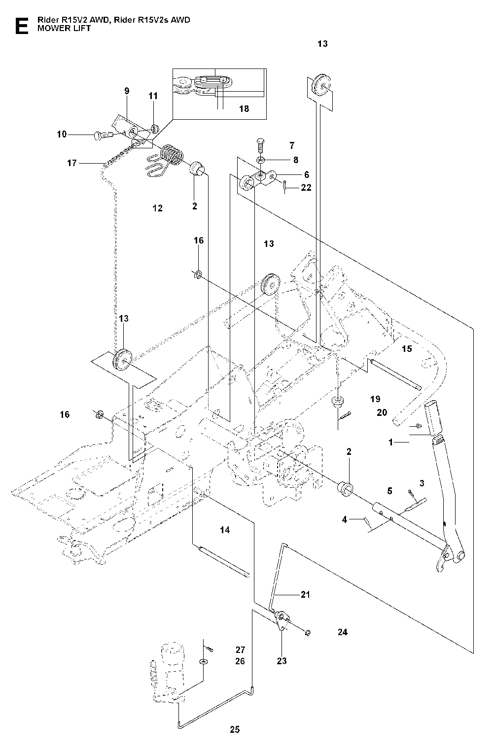 Mower Lift / Deck Lift Diagram and Parts List for RIDER15V2SAWD (965200901)(2009-04) Husqvarna Lawn Tractor