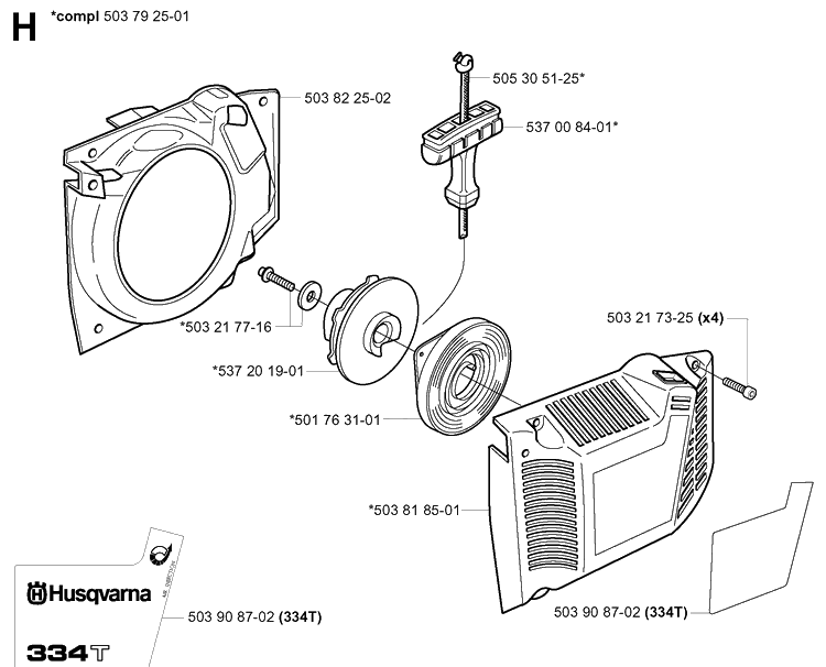 Starter Diagram and Parts List for 334T 20031800001-20034400000 Husqvarna Chainsaw
