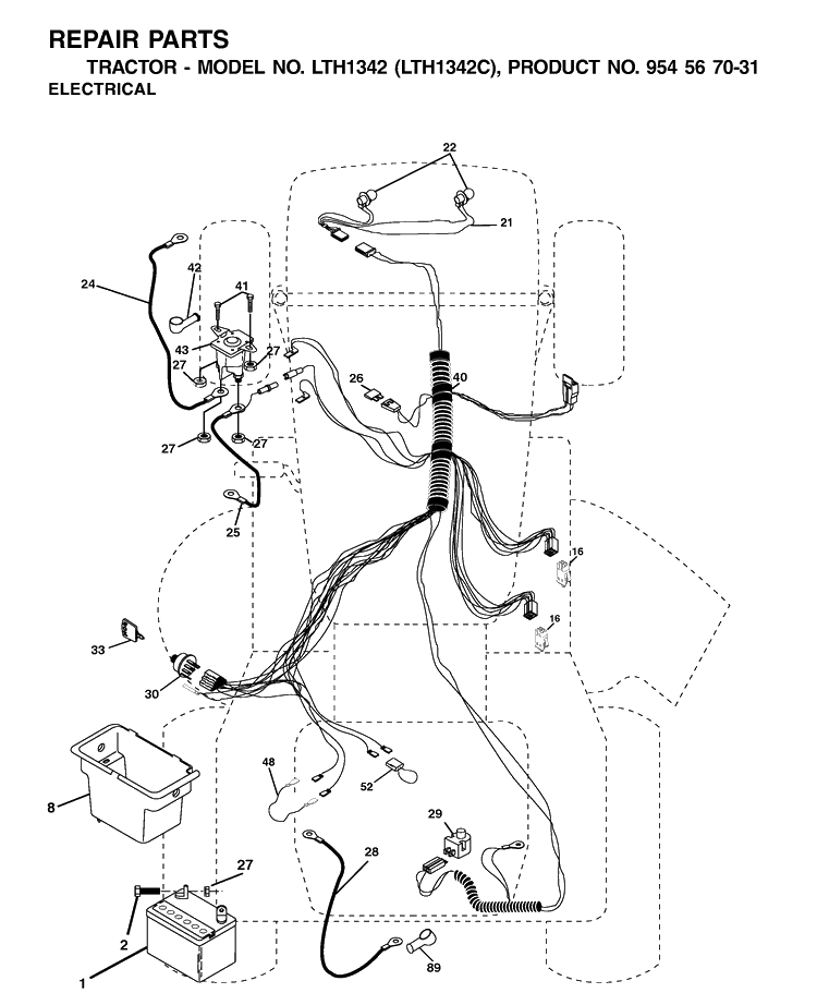 Electrical Diagram and Parts List for LTH1342-LTH1342C 2001-11 Husqvarna Lawn Tractor