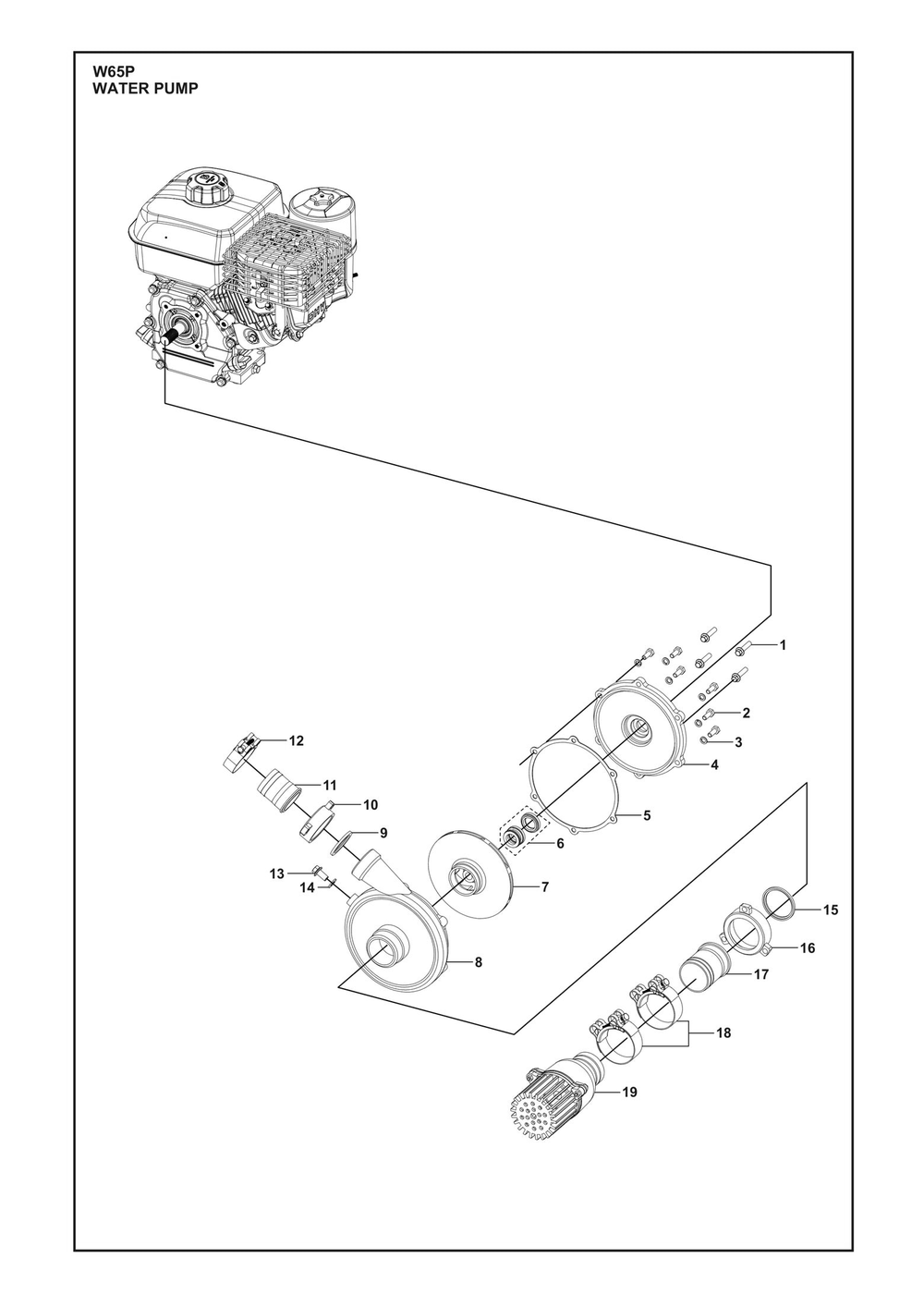 Water Pump Diagram and Parts List for W65P  Husqvarna Water Pump
