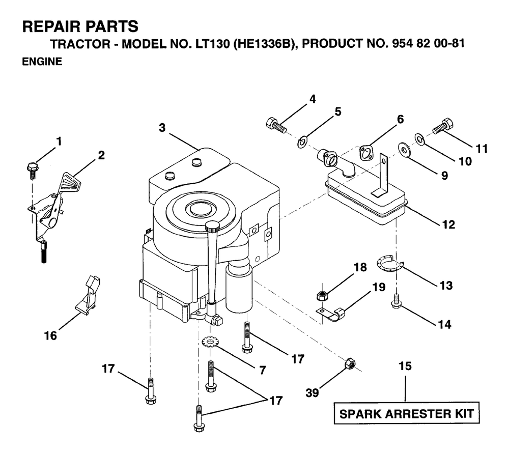 Engine And Cutting Equipment Diagram and Parts List for LT130 (954820081-B)(1996-01) Husqvarna Lawn Tractor