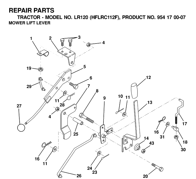 Mower Lift Lever Diagram and Parts List for LR120 (HFLRC112F)(2000-03) Husqvarna Lawn Tractor