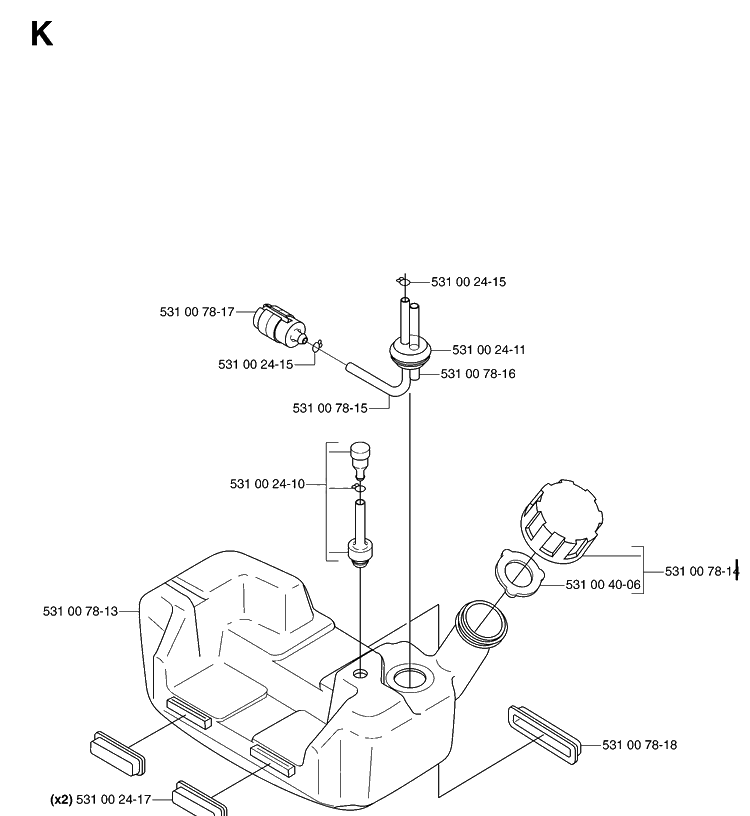 Fuel Tank Diagram and Parts List for 143R 20070100001-Current Husqvarna Brush Cutter