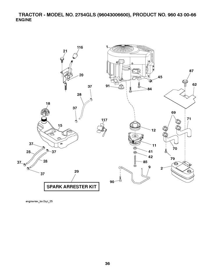 Engine Diagram and Parts List for 2754GLS (96043006600)(2008-12) Husqvarna Lawn Tractor