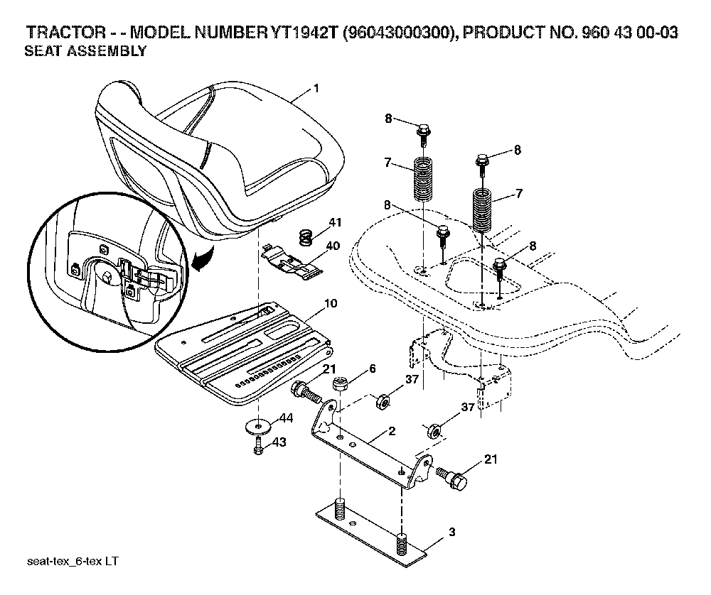 Seat Diagram and Parts List for YT1942T (96043000300, 960430003)(2006-05) Husqvarna Lawn Tractor