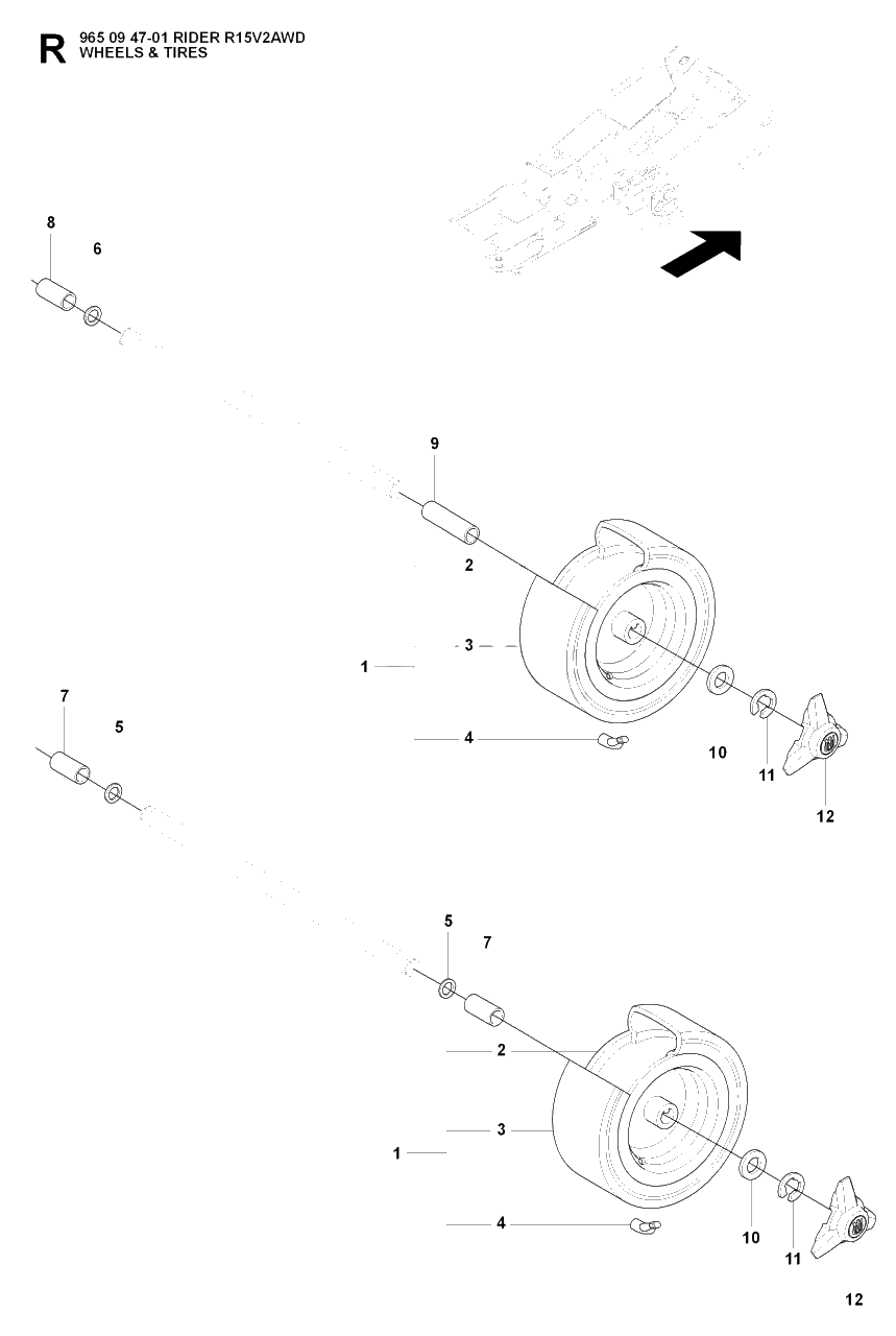 Wheels And Tires Diagram and Parts List for R15-V2AWD (965094701)(2007-01) Husqvarna Lawn Tractor