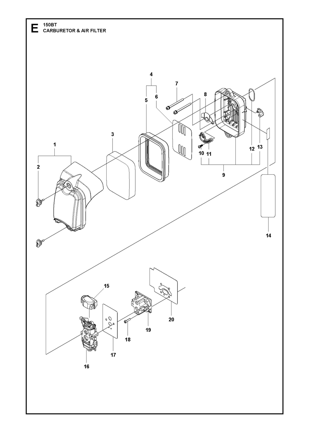 Carburetor And Air Filter Diagram and Parts List for 150BT2007-2021  Husqvarna Leaf Blower / Vacuum