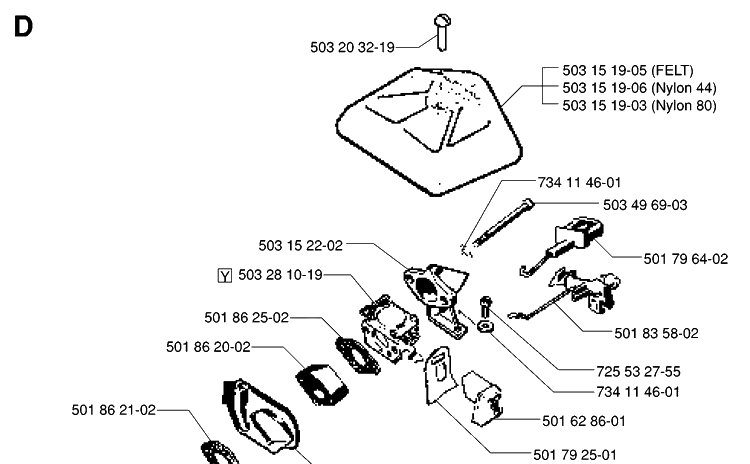 Carburetor And Air Filter Diagram and Parts List for 42 19944900001-19950600000 Husqvarna Chainsaw