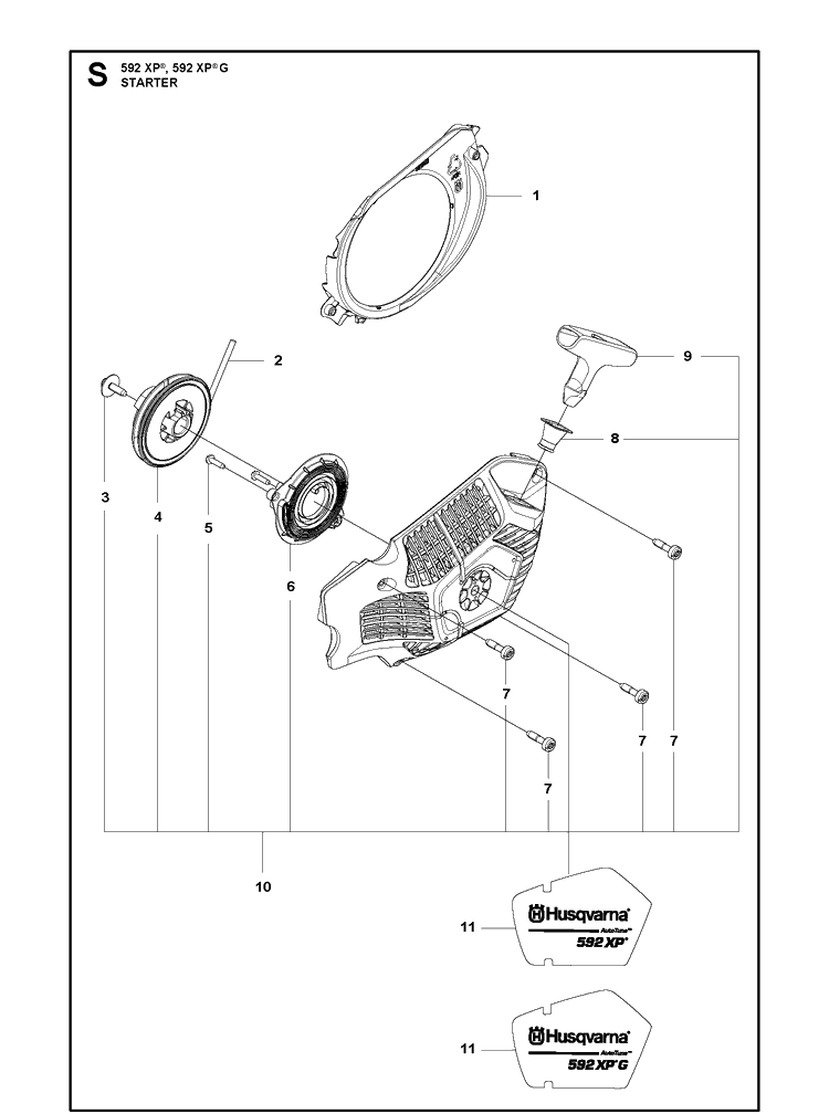 Starter Diagram and Parts List for 592XP 592 XP-G Husqvarna Chainsaw