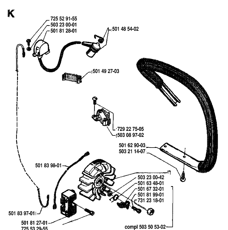 Electrical Diagram and Parts List for 42 19920900001-19941400000 Husqvarna Chainsaw