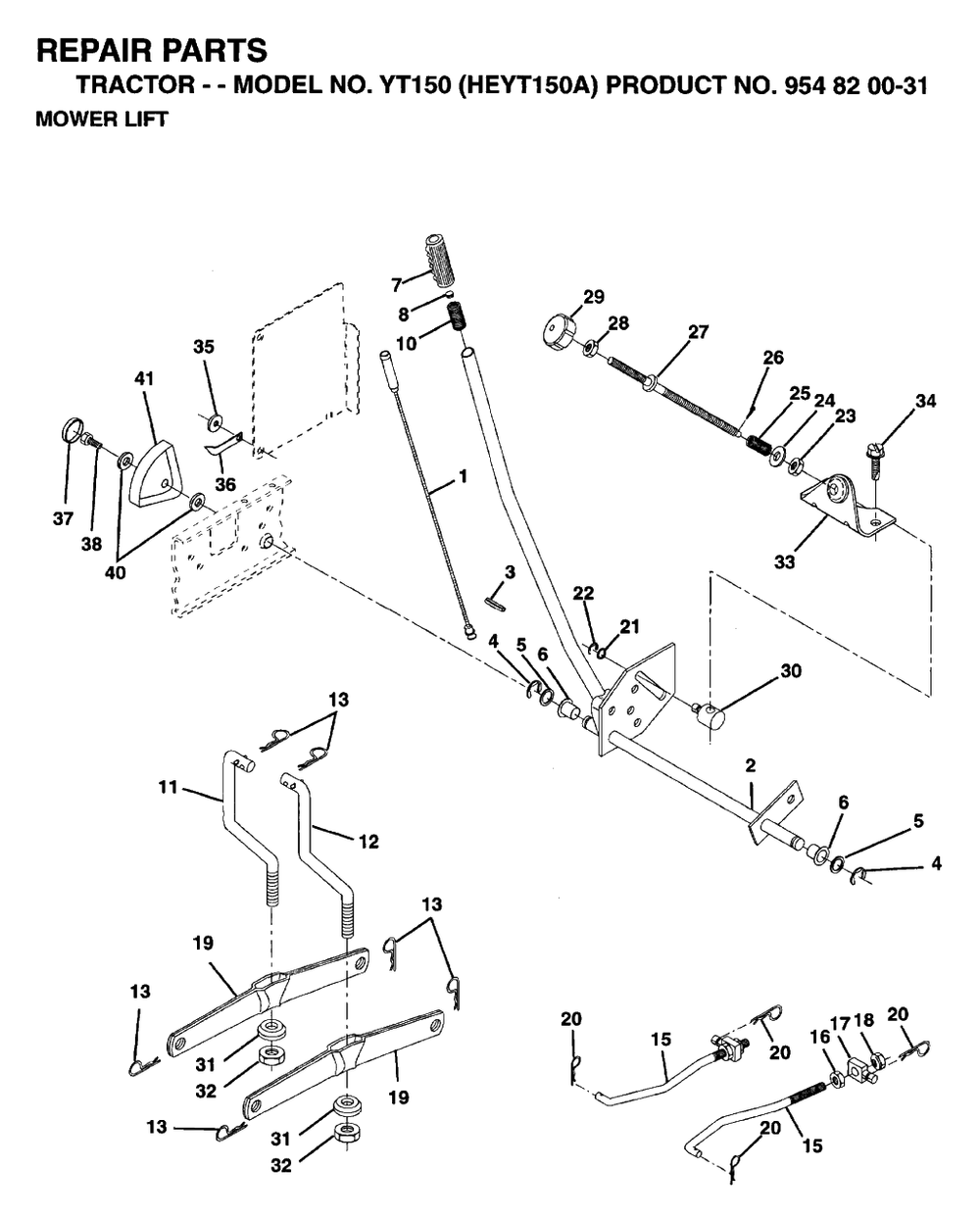 Mower Lift / Deck Lift Diagram and Parts List for YT150 (954820031-A)(1996-01) Husqvarna Lawn Tractor