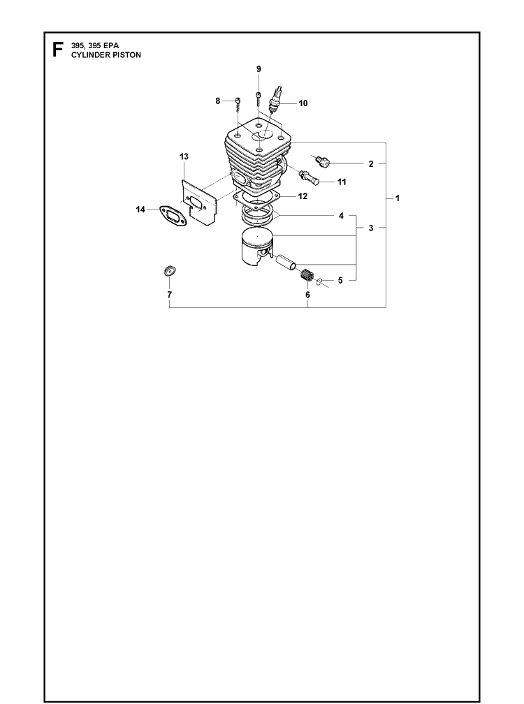 Cylinder Piston Diagram and Parts List for 395XP/ (XPG - 395 XP EPA)(20163900001-20193499999) Husqvarna Chainsaw