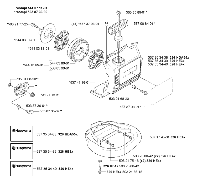 Starter Assembly Diagram and Parts List for HA110 2005-10 Husqvarna Hedge Trimmer