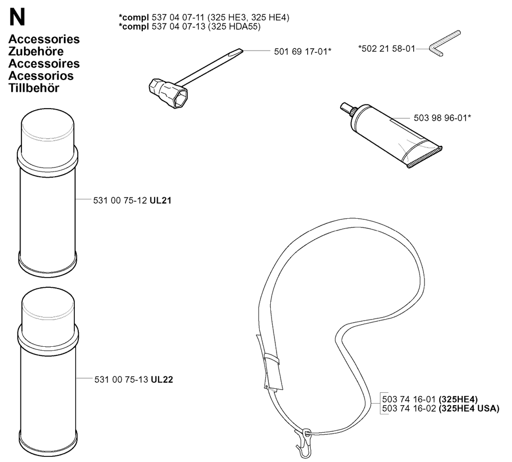 Accessories Diagram and Parts List for 325HDA55X 20011800001 - 20040100000 Husqvarna Hedge Trimmer