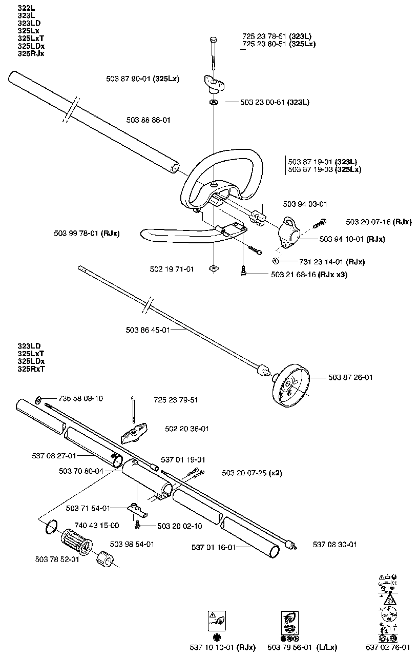 Shaft/Tube/Handle Diagram and Parts List for 325LX 2002-01 Husqvarna Trimmer