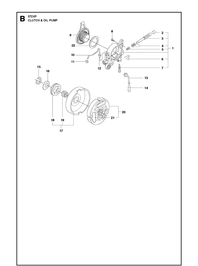 Clutch And Oil Pump Diagram and Parts List for 372XP XPG Husqvarna Chainsaw