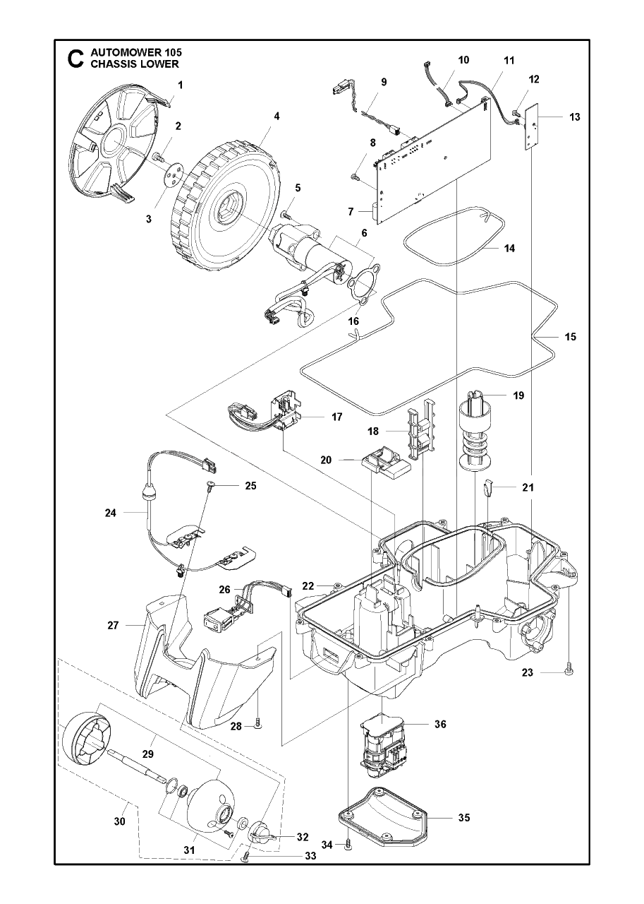 Chassis Lower Diagram and Parts List for 105 2016-02 Husqvarna Lawn Mower
