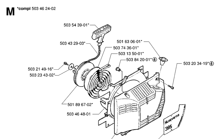 Starter Diagram and Parts List for 395XP/ (XPG)(20070100001-20102299999) Husqvarna Chainsaw