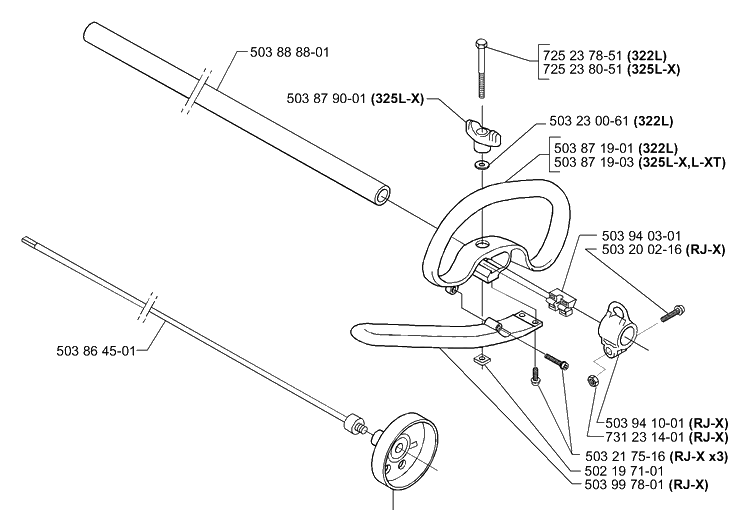 Shaft/Tube/Handle Diagram and Parts List for 325RJX 2000-04 Husqvarna Brush Cutter