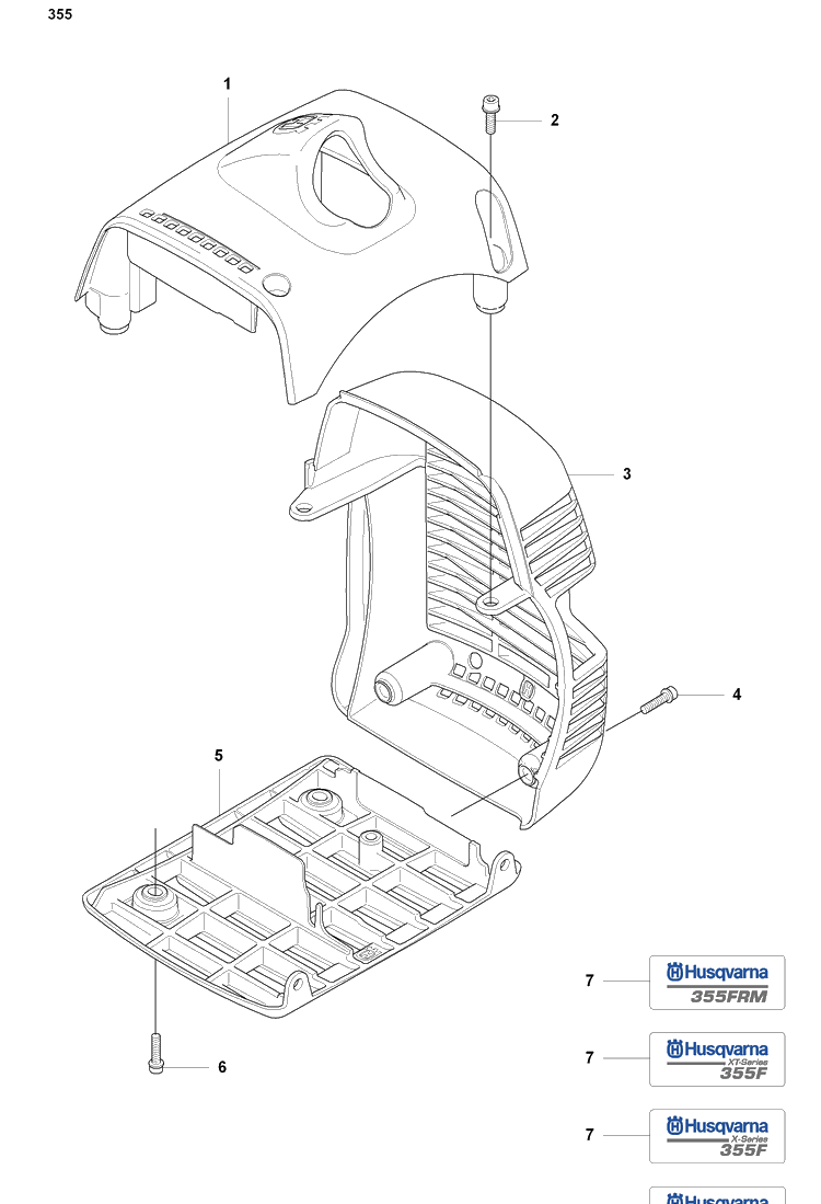 Top Cover/Muffler Guard (355) Diagram and Parts List for 355FXT 2008-07 Husqvarna Brush Cutter