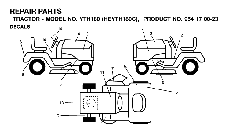 Decals Diagram and Parts List for YTH180 (HEYTH180C)(2000-03) Husqvarna Lawn Tractor