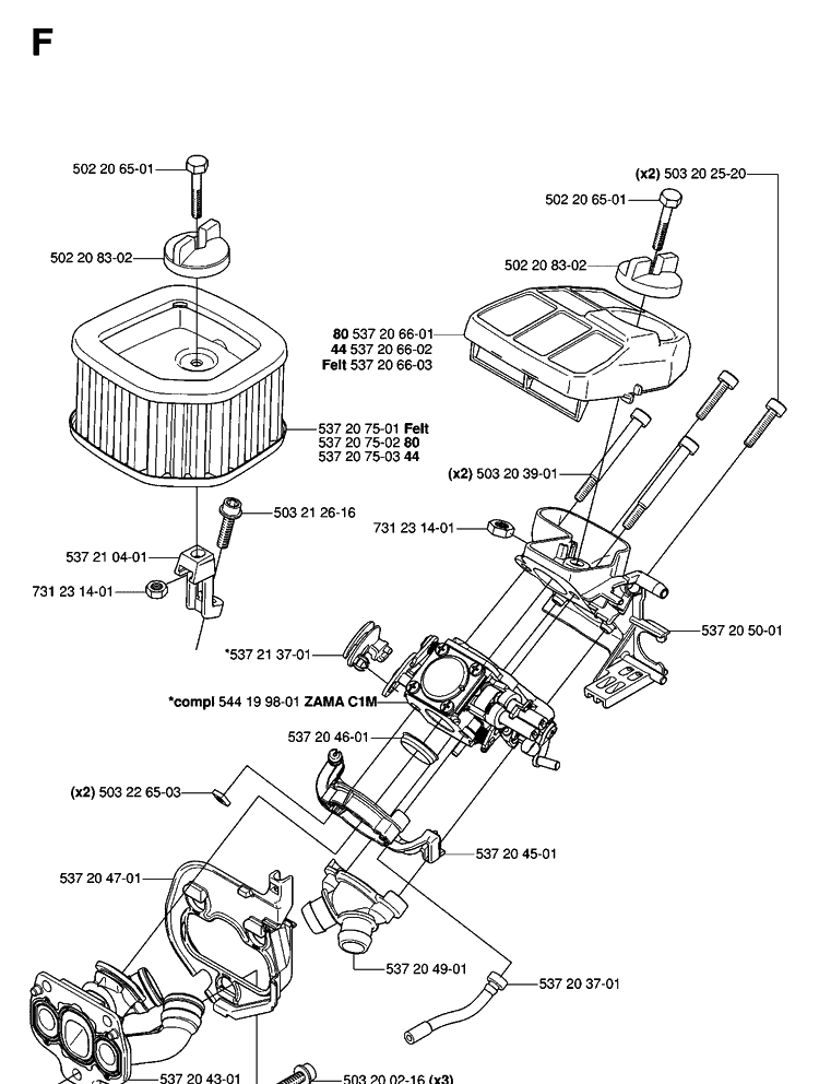 Carburetor And Air Filter Diagram and Parts List for 575XP 20070100001-Current Husqvarna Chainsaw