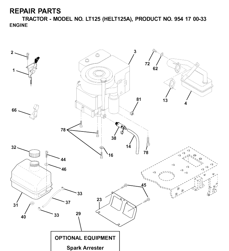 Engine And Cutting Equipment Diagram and Parts List for LT125 (HELT125A)(2001-01) Husqvarna Lawn Tractor