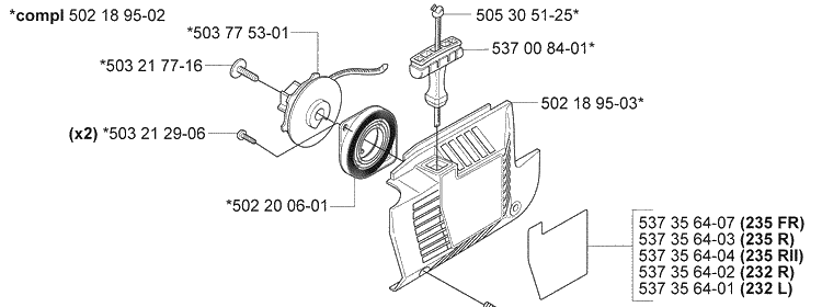 Starter Diagram and Parts List for 232L 2007-01 Husqvarna Trimmer