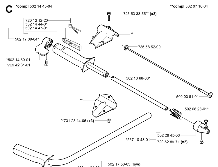 Handle And Controls Diagram and Parts List for 265RX  Husqvarna Brush Cutter