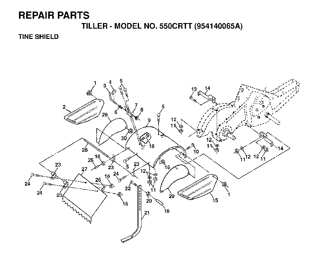 Tine Shield Diagram and Parts List for 550CRTT (954140065A)(1998-02) Husqvarna Tiller