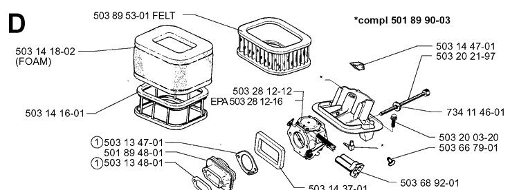 Carburetor And Air Filter Diagram and Parts List for 3120 19980900001-20000600000 Husqvarna Chainsaw