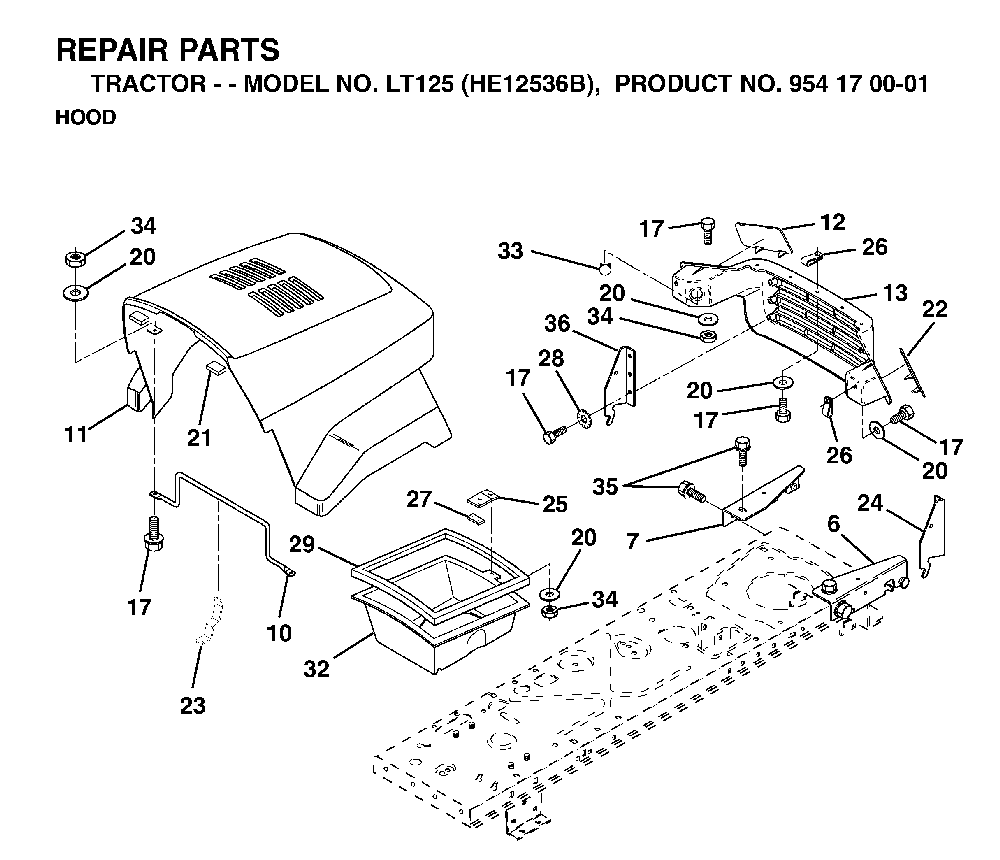 Hood Diagram and Parts List for LT125 (HE12536B, 954170001)(1996-10) Husqvarna Lawn Tractor