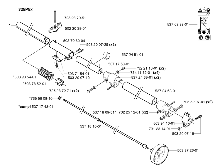 Shaft Diagram and Parts List for 325P 20021800001-20042299999 Husqvarna Pole Saw