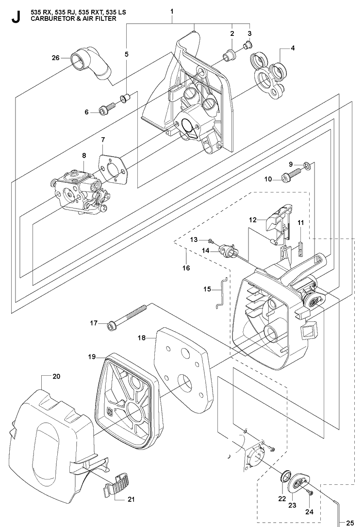 Carburetor And Air Filter Diagram and Parts List for 535RJ  Husqvarna Brush Cutter