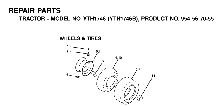 Wheels And Tires Diagram and Parts List for YTH1746 (954567055)(2001-01) Husqvarna Lawn Tractor