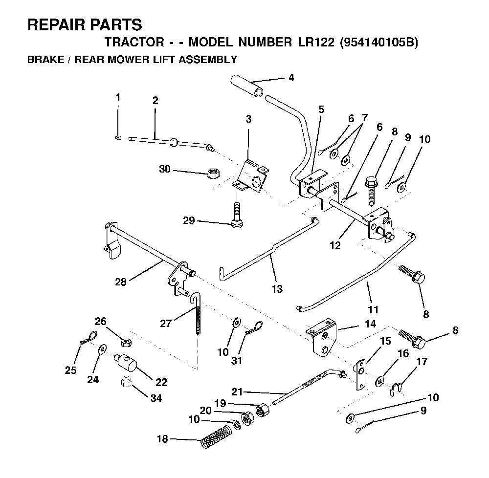Brake / Rear Mower Lift Diagram and Parts List for LR122 (954140105B)(2000-01) Husqvarna Lawn Tractor
