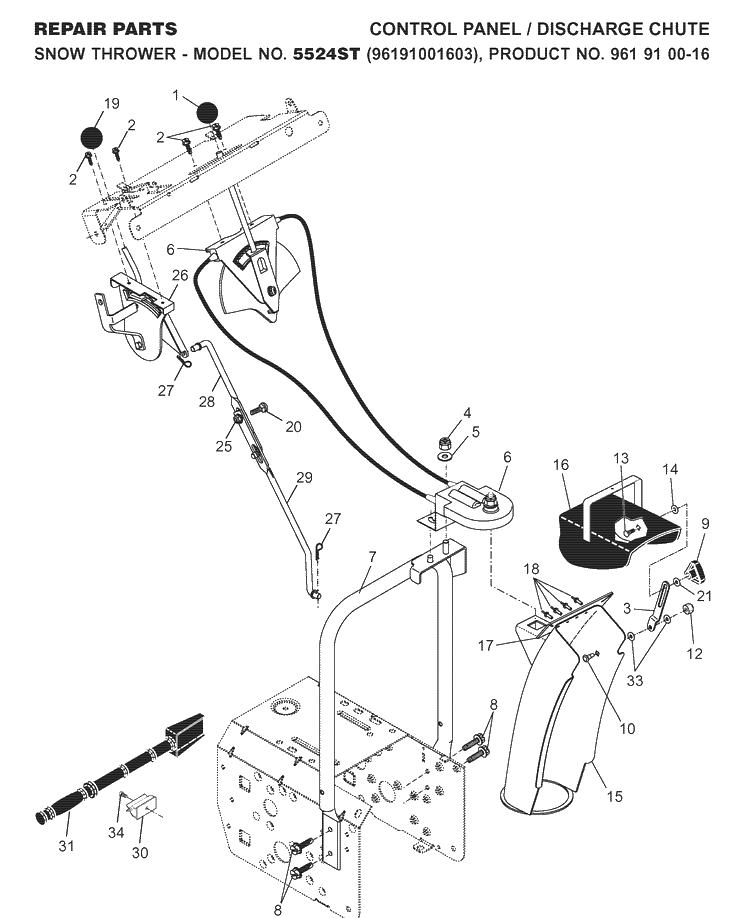 Control Panel And Discharge Chute Diagram and Parts List for 5524ST (96191001603)(2007-10) Husqvarna Snow Blower
