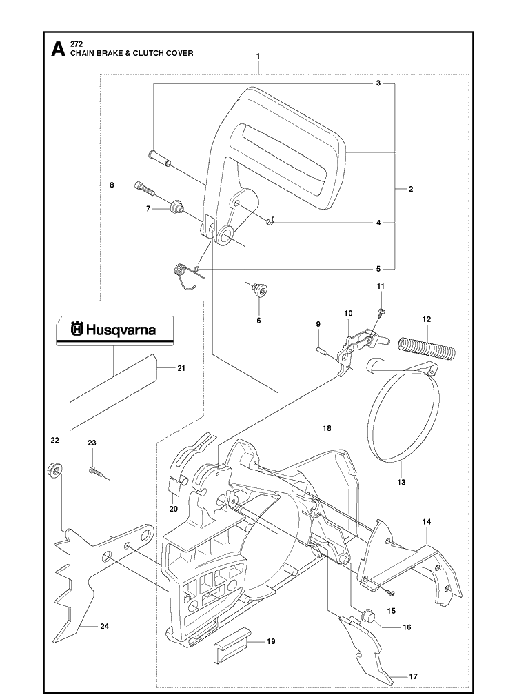 Chain Brake And Clutch Cover Diagram and Parts List for 272XP 20163200001-20173200000 Husqvarna Chainsaw