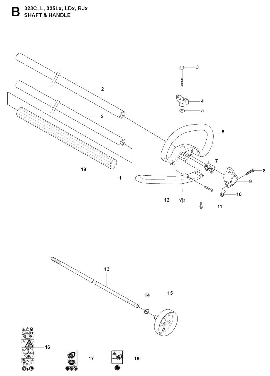 Shaft And Handle Diagram and Parts List for 325RJX 20080900001 & Above Husqvarna Trimmer