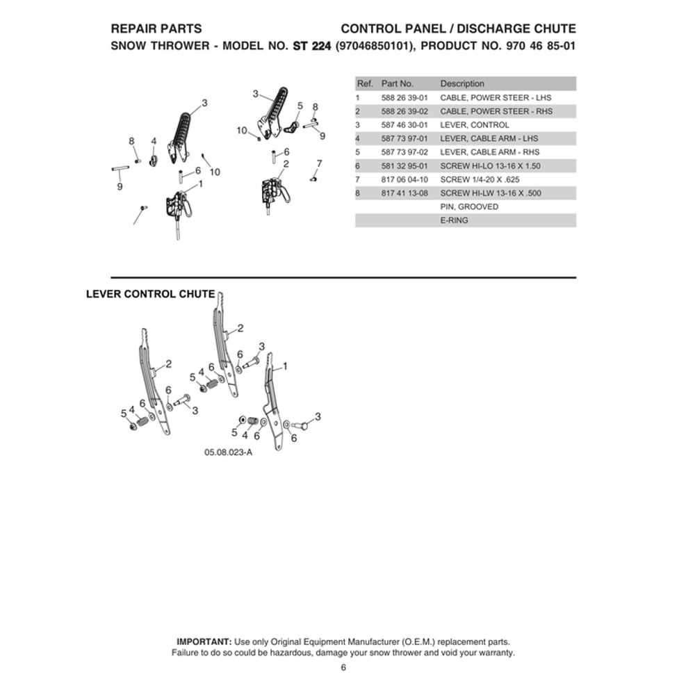 Lever Control Chute Diagram and Parts List for 970528602  Husqvarna Snow Blower