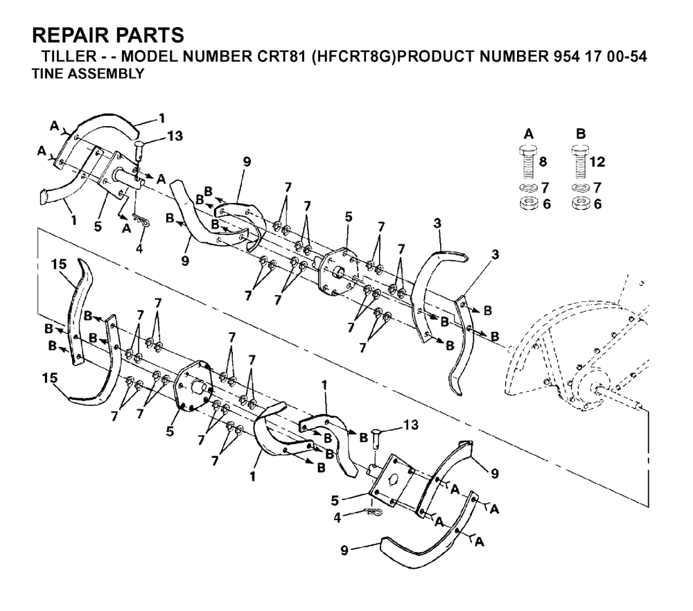Tine Assembly Diagram and Parts List for CRT81 (954170054-G)(2003-01) Husqvarna Tiller