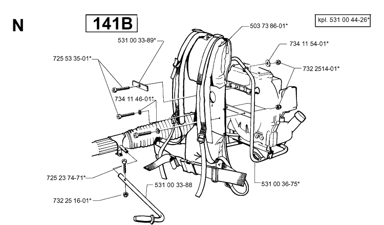 Harness Diagram and Parts List for 141B 19974000001-20041399999 Husqvarna Leaf Blower / Vacuum