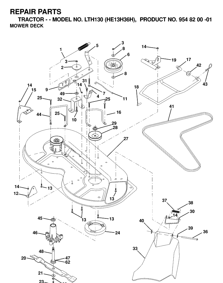 Mower Deck / Cutting Deck Diagram and Parts List for LTH130 (HE13H36H)(2000-02) Husqvarna Lawn Tractor