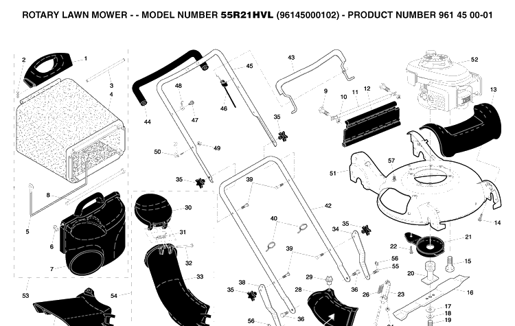 Repair Parts Diagram and Parts List for 55R21HVL (961450001)(2004-12) Husqvarna Lawn Mower