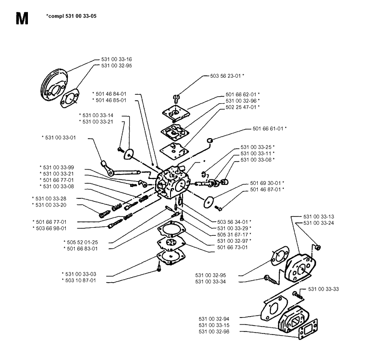 Carburetor Details Diagram and Parts List for 140B 19952700001-19960900000 Husqvarna Leaf Blower / Vacuum