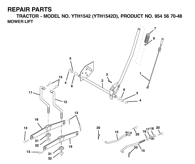 Mower Lift / Deck Lift Diagram and Parts List for YTH1542 (954567048)(2001-11) Husqvarna Lawn Tractor