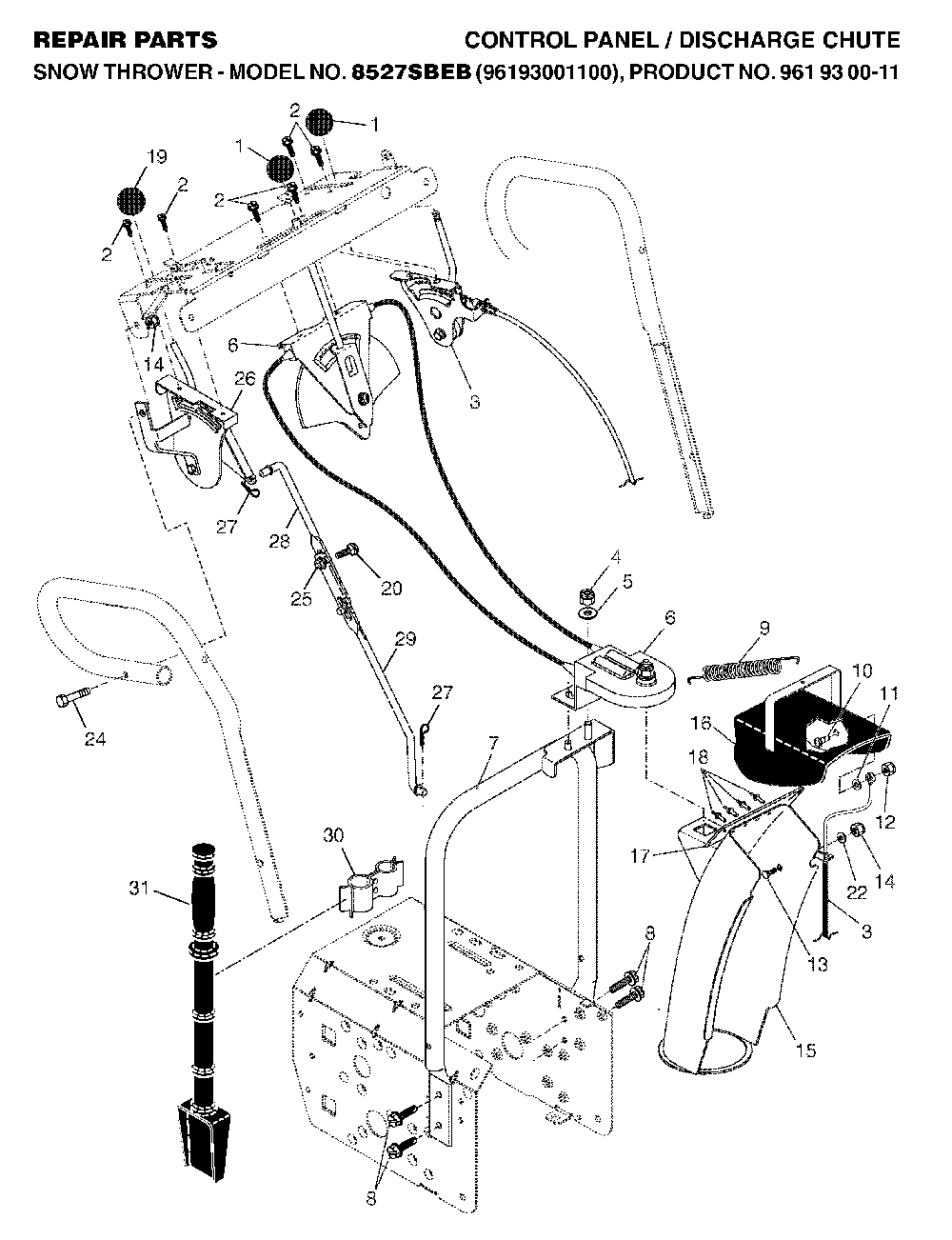 Control Panel And Discharge Chute Diagram and Parts List for 8527SBEB (96193001100, 961930011)(2005-12) Husqvarna Snow Blower